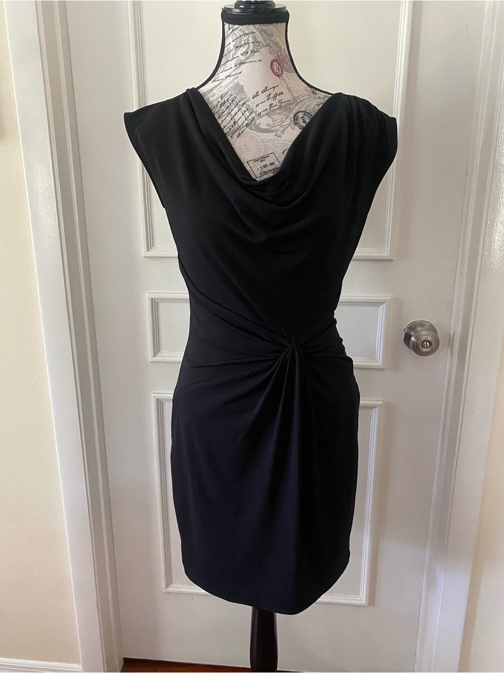 Michael Kors Black Cowl Neck Ruched Knot Sheath Dress XS - Picture 3 of 11